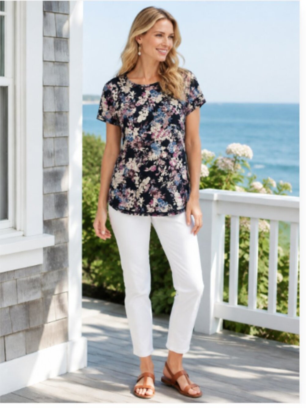 J.Jill Navy Floral Print Fit Progress Shirttail Tee